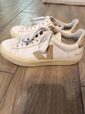Veja White Leather Sneakers with Tan V Accent